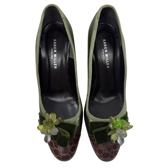 Karen Millen Green Metallic Crocodile Embossed Heels Size 37.5 US 6.5 Velvet Bow - Picture 2 of 11